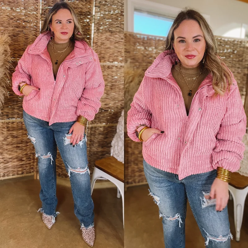 Driving North Button and Zip Up Plush Ribbed Jacket in Pink