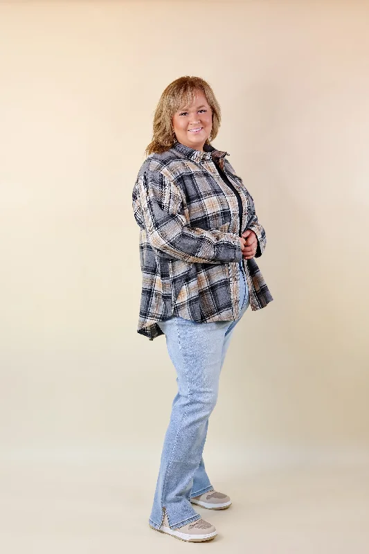 Coffee At Sunrise Button Up Plaid Shacket with Long Sleeves in Grey