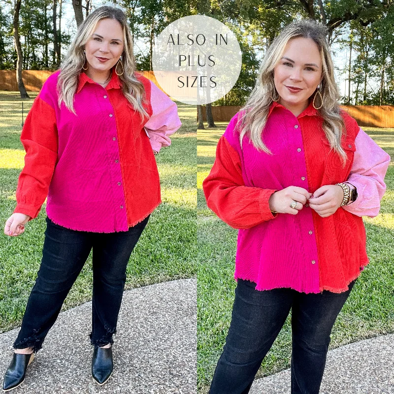 Down The Street Color Block Corduroy Jacket in Pink and Red