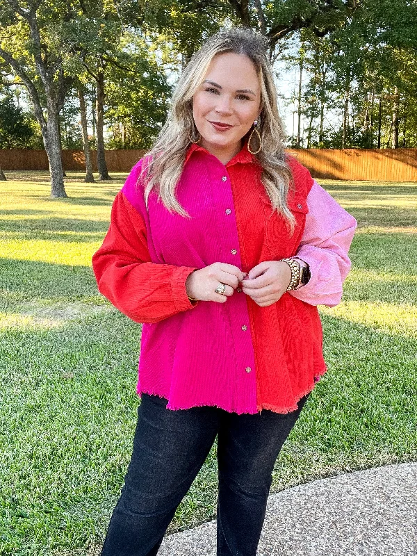 Down The Street Color Block Corduroy Jacket in Pink and Red