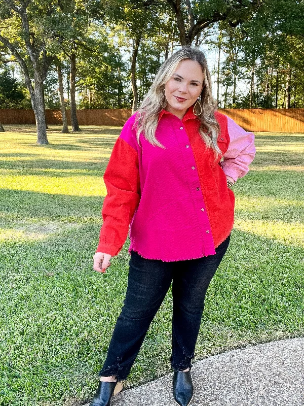 Down The Street Color Block Corduroy Jacket in Pink and Red