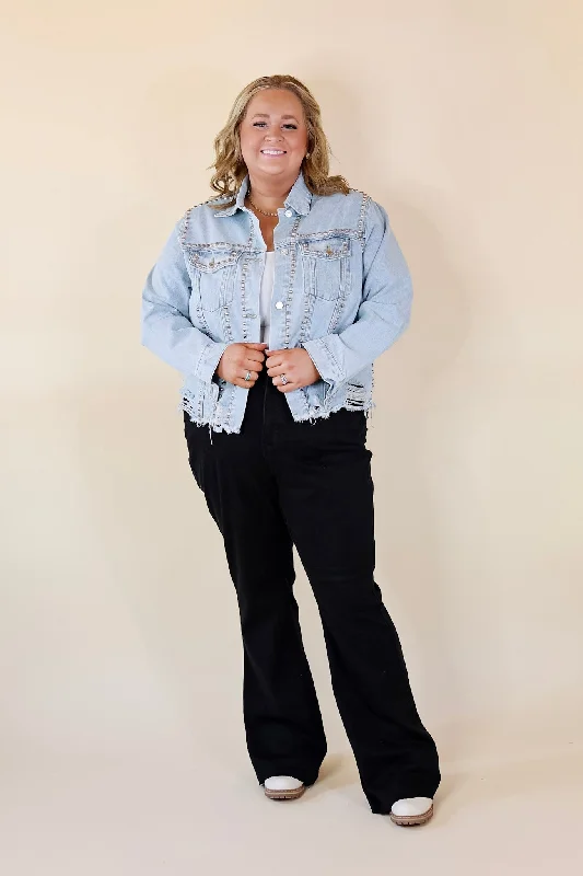 Instantly Impressed Cropped Denim Jacket with Silver Studs in Light Wash