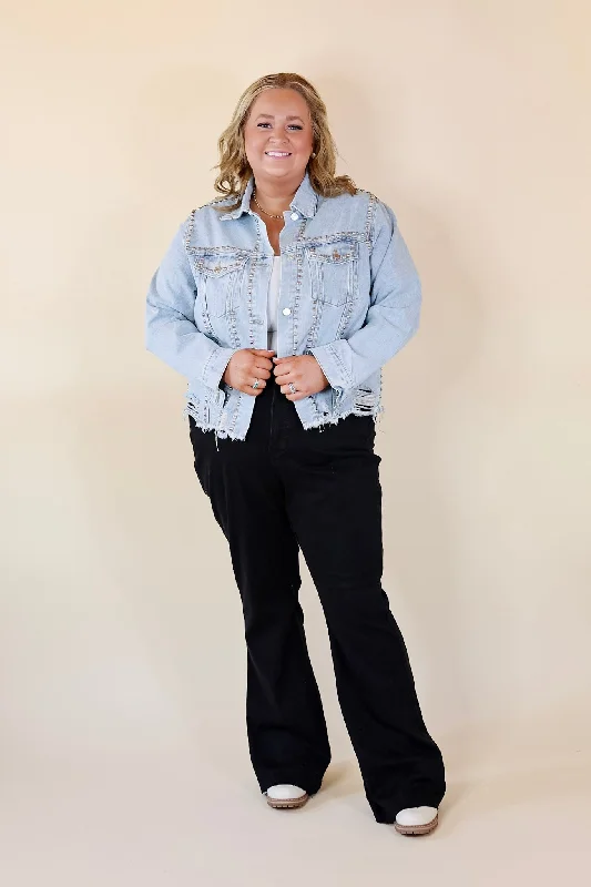 Instantly Impressed Cropped Denim Jacket with Silver Studs in Light Wash