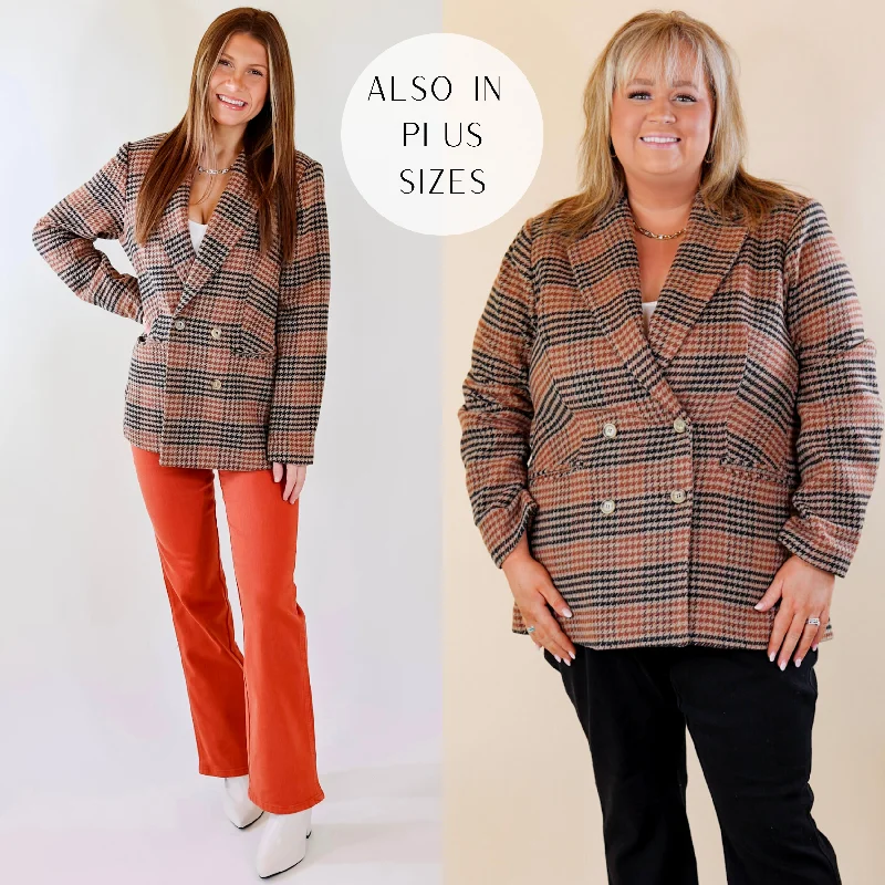 Magical Feeling Houndstooth Blazer with Long Sleeves in Rust Mix