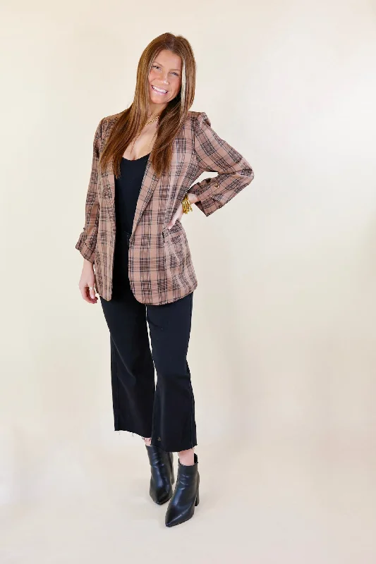 Mountain View Open Front Plaid Blazer with 3/4 Sleeves in Brown