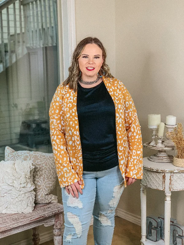 Out Of Office Leopard Print Open Front Blazer with Long Sleeves in Mustard Yellow