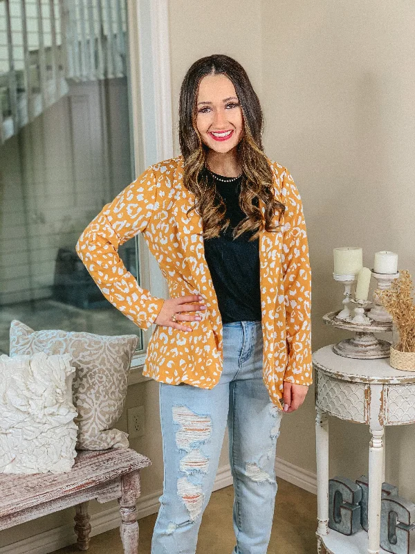 Out Of Office Leopard Print Open Front Blazer with Long Sleeves in Mustard Yellow