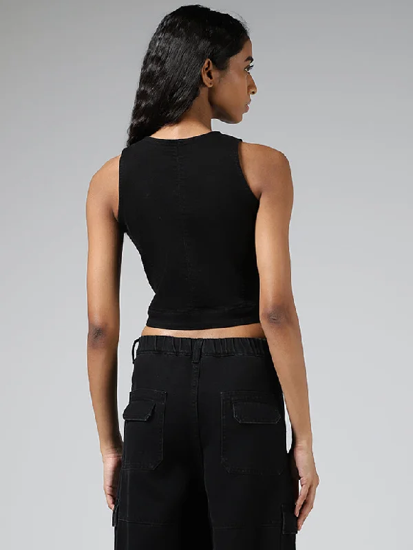 Nuon Solid Black Denim Crop Waistcoat