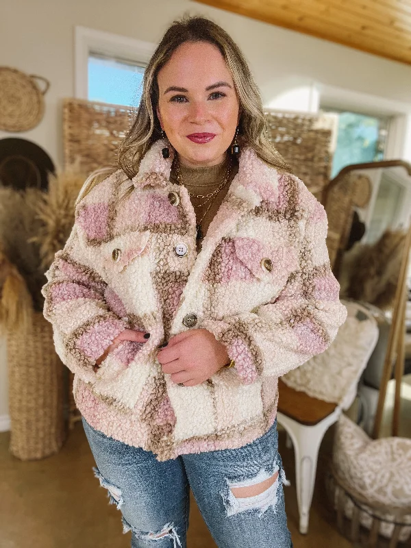 Better in Brooklyn Plaid Button Up Sherpa Jacket in Pink and Ivory