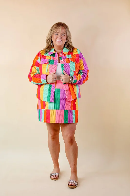 Play It Cool Button Up Corduroy Color Block Jacket in Multi