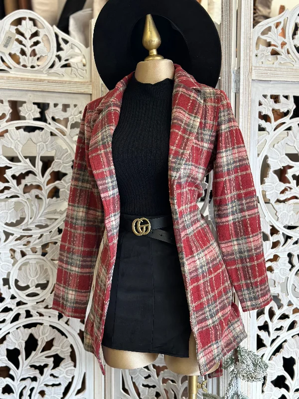 Red Plaid Blazer Coat