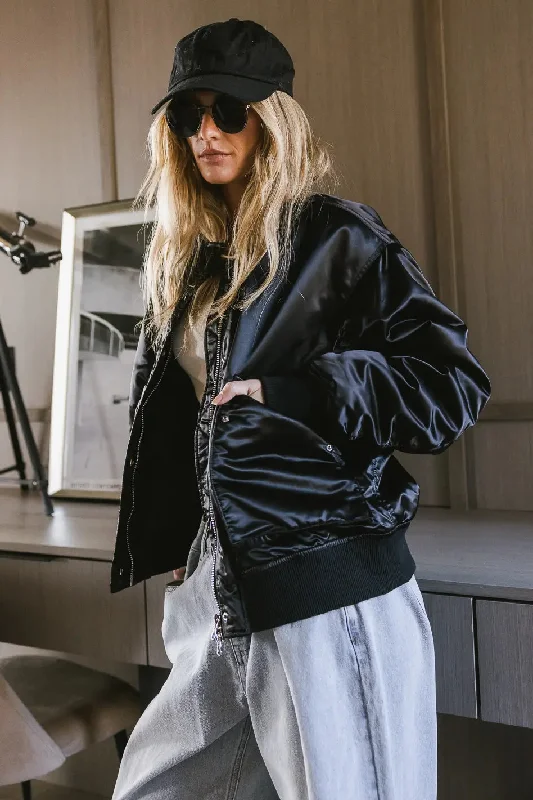 Rylee Satin Bomber Jacket in Black