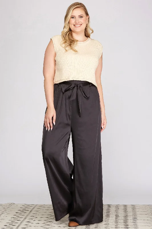 Satin Long Wide Leg Pants with Waist Sash