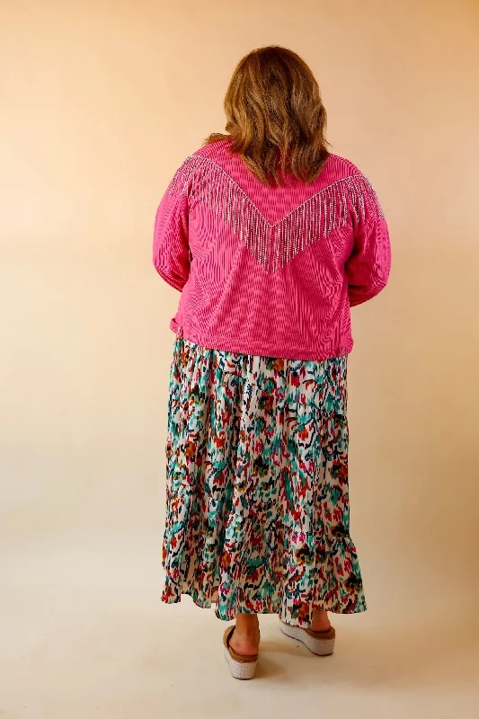 Signature Moves Button Up Corduroy Jacket with Crystal Fringe Back in Hot Pink