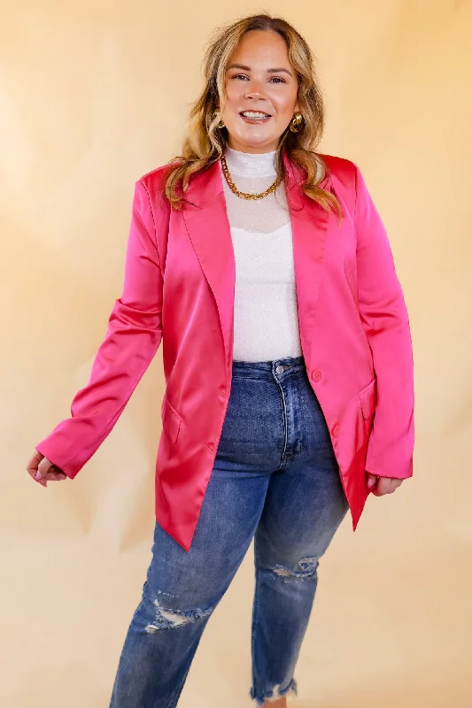 Touch Of Luxury Long Sleeve Satin Blazer in Hot Pink