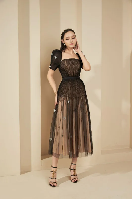 Instant Savings Await!Aniston Pleated Puffy Sleeved Mesh Sheer Dress