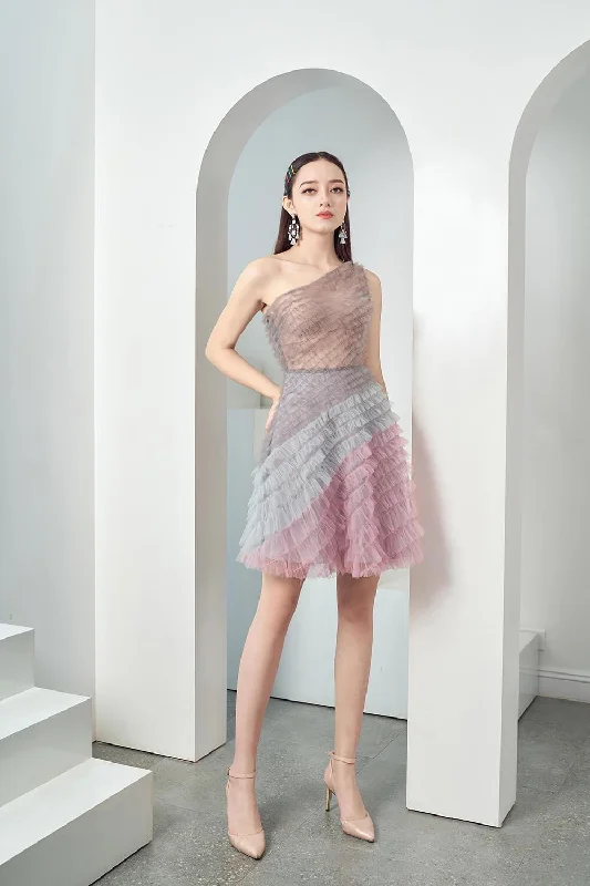 Crazy Discounts Inside!Atia A-line One Shoulder Mesh Sheer Mini Dress