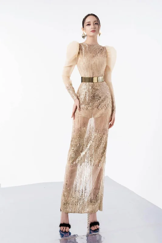 Get It Before It’s Gone!Bianco Sheath Leg Of Mutton Sleeved Sequin Ankle Length Dress