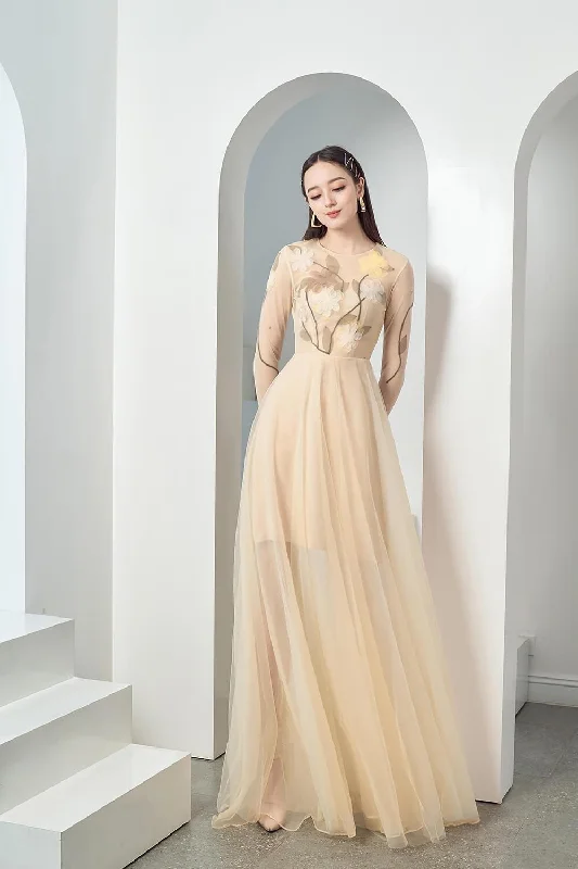 Your Exclusive Offer Awaits!Konami Fit and Flare Long Sleeved Mesh Sheer Maxi Dress