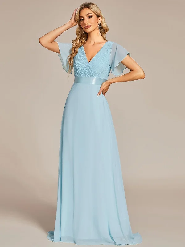 Your Favorite Sale is Back!Long Chiffon Empire Waist Bridesmaid Dress with Short Flutter Sleeves