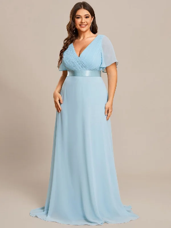 One Day Only – Huge Savings!Plus Size Empire Waist V Back Bridesmaid Dress with Short Sleeves