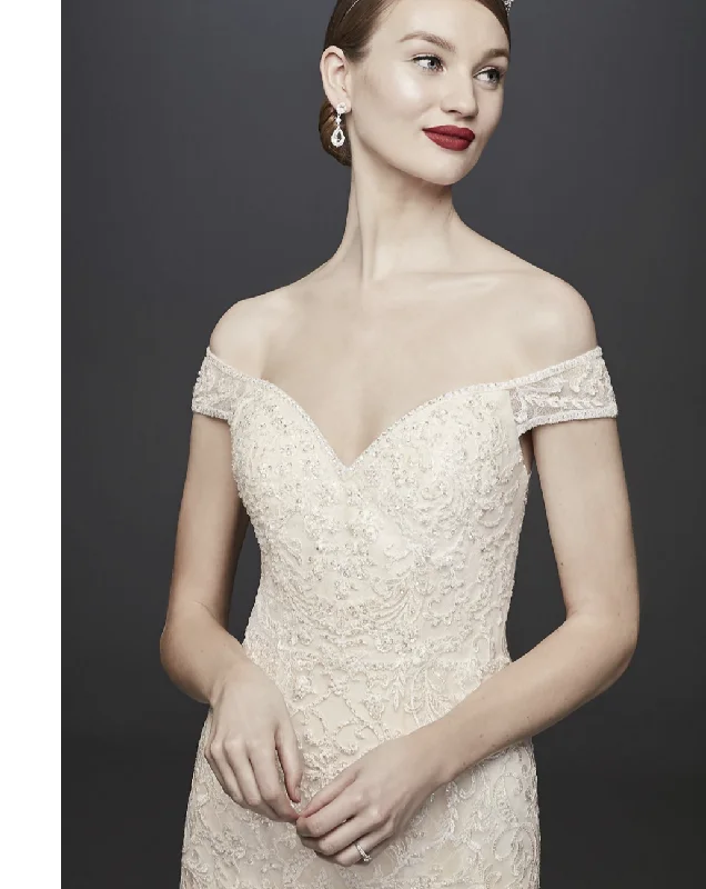Save More Than Ever!Oleg Cassini XTCWG808 beaded off shoulder mermaid gown