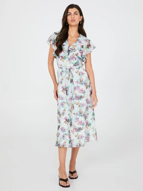Hot Deals You Can’t Resist!Floral Print Chiffon Midi Dress With Ruffle Details