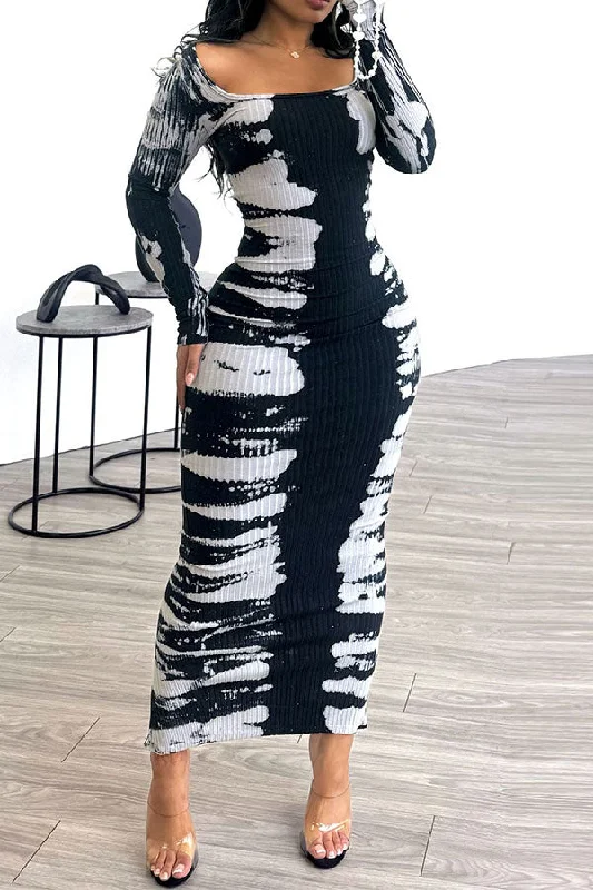 The Sale You’ve Been Waiting For!Abstract Print Flattering Ribbed Bodycon Midi Dress