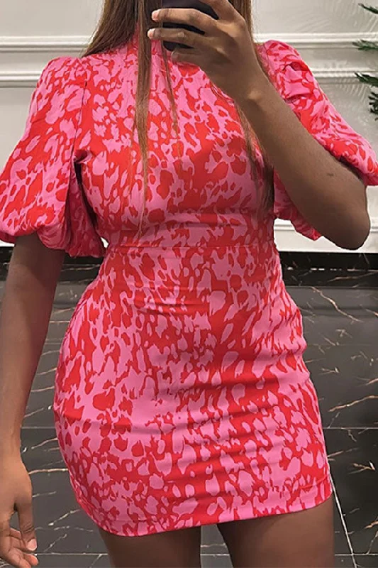 Exclusive Savings This Week!Abstract Print Puff Sleeve Stunning Bodycon Mini Dress