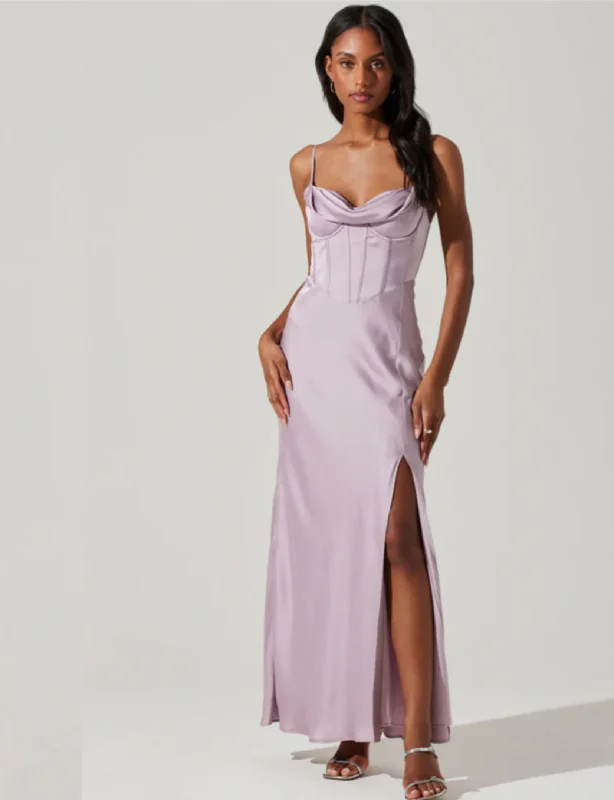New Discounts Just Dropped!Cannes Satin Bustier Maxi Dress, Silver Lilac