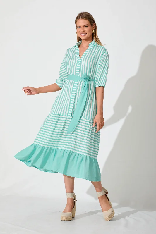 New Discounts Just Dropped!Augustine Midi Dress In Aqua And White Stripe Cotton Blend