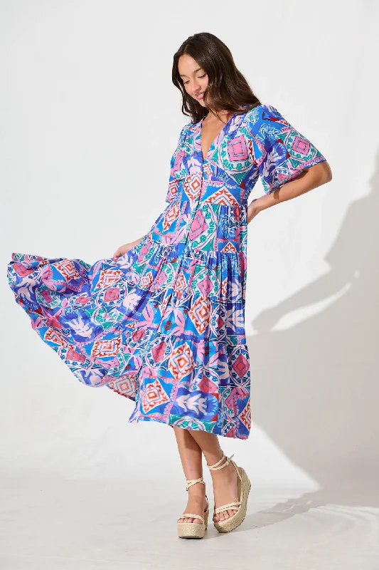 Time to Snag a Bargain!Awayday Midi Dress In Pink and Blue Multi Print