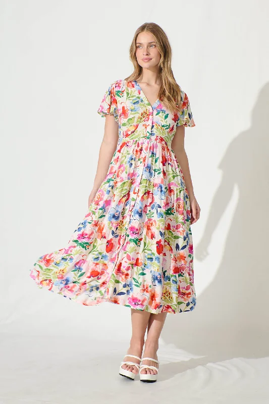 More Discounts, More Joy!Beautiful Lover Midi Dress in White with Bright Floral