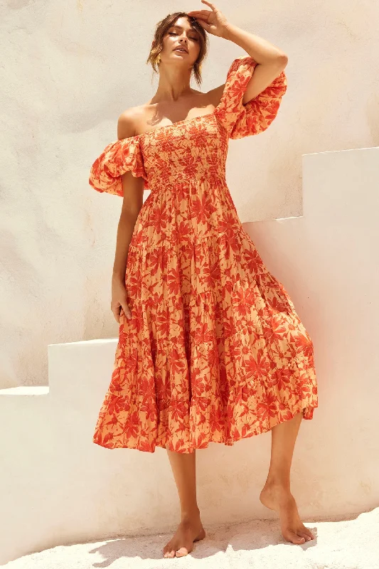 Score Huge Discounts Today!Betty's Garden Midi Dress - Orange Multi