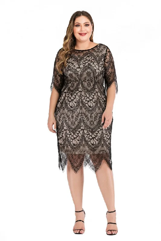 Shop More, Spend Less!Black Evening Bodycon Crewneck Elbow Sleeve Below Knee Lace Dress