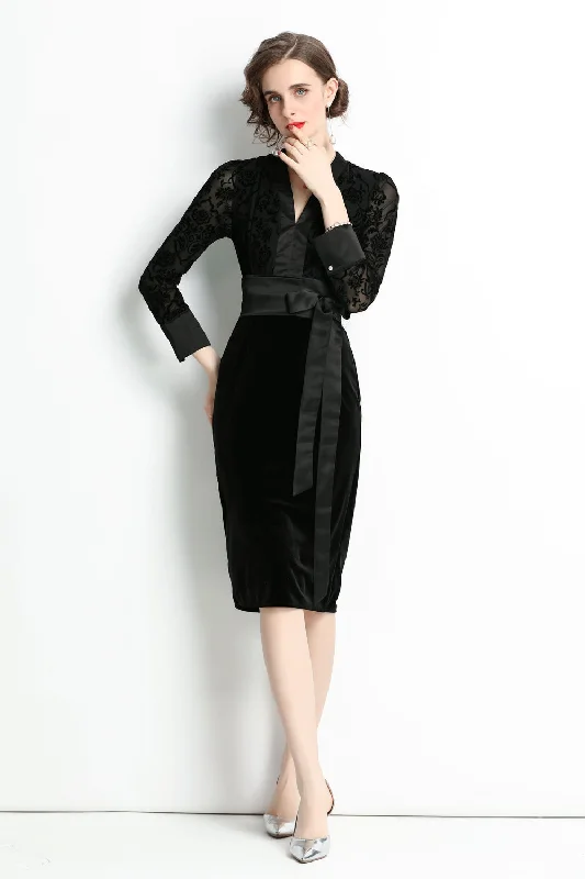 Save Like Never Before!Black Evening Bodycon V-neck Long Sleeve Knee Dress with Bow