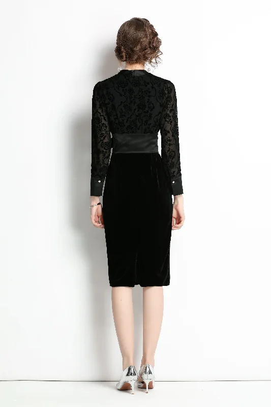 Save More When You Shop More!Black Evening Bodycon V-neck Long Sleeve Knee Dress with Bow