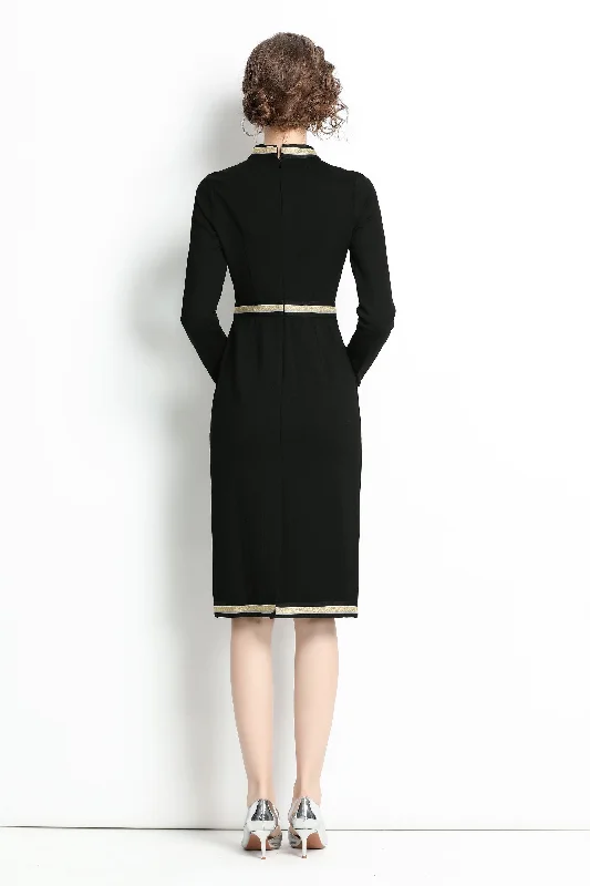 Upgrade for Less!Black Office Bodycon Crewneck Long Sleeve Knee Elegant Dress