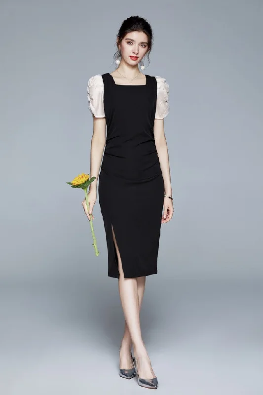 Best Price of the Season!Black Office Bodycon Squareneck Short Sleeve Below Knee Dress