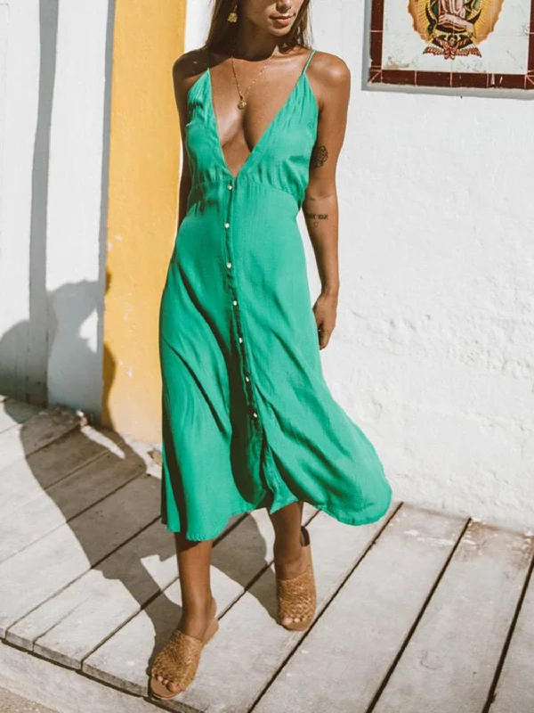 Buy More, Save More!Elegant plunge midi dress - sheer button-down