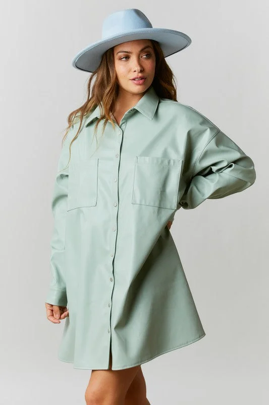 Your Exclusive Offer Awaits!Call Me Tempted Faux Leather Shirt Dress (Pistachio)