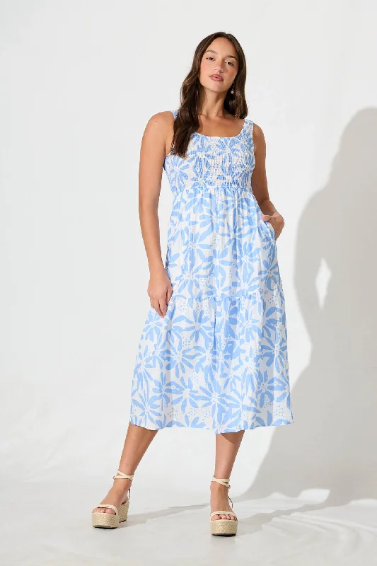 Limited Time Offer!Caribbean Midi Dress In White with Blue Flower