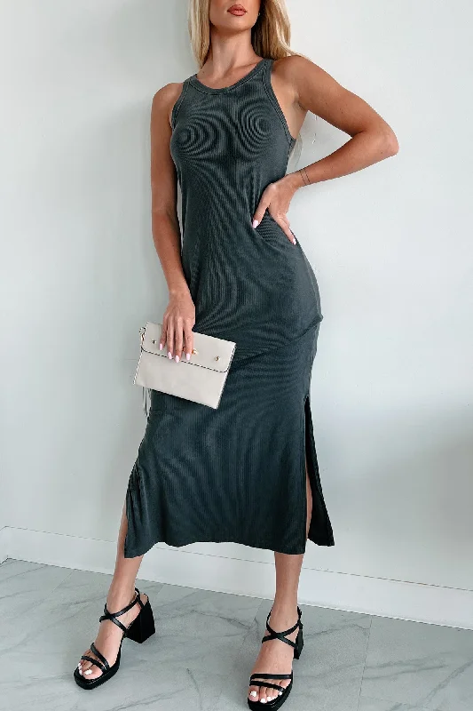 Hottest Discounts of the Year!Chances Are Ribbed Tank Midi Dress (Charcoal)