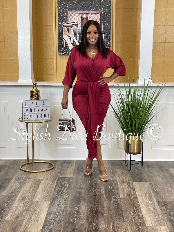 Hurry, Sale Ends Soon!Chandler V Cut Ruched Midi Dress up to 3XL (Burgundy)