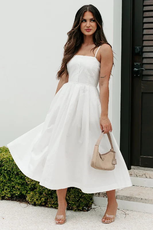 Shop Smart, Save Big!Clean Aesthetic Pleated Button Detail Midi Dress (White)