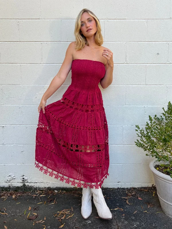 Today Only – Don’t Miss It!Cosmo Eyelet Lace Strapless Midi Dress - Burgundy