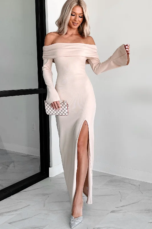 Must-Have Deals Inside!Cue The Drama Off The Shoulder Maxi Dress (Beige)