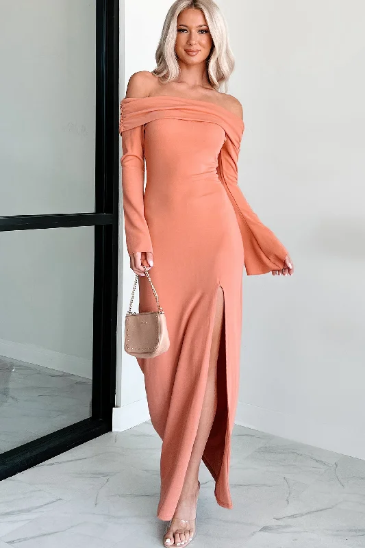 Best Price of the Season!Cue The Drama Off The Shoulder Maxi Dress (Coral)
