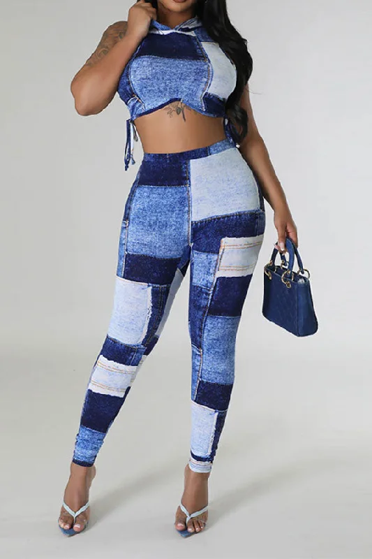Shop Smart, Save Big!Denim Print Hooded Flattering Bodycon Pant Suit