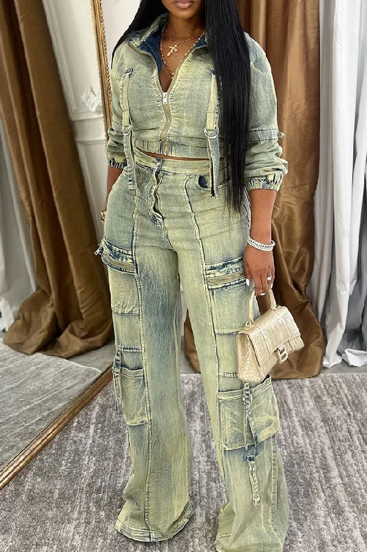 Unmissable Offers Await!Distressed Washed Denim Punk Multi Pocket Pant Suit